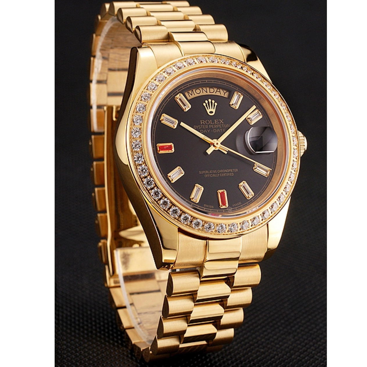 Best AAA Replica Sites Day-Date Bracelet Gold Diamonds 1454101 And Black Swiss Rolex Rubies Dial 0626